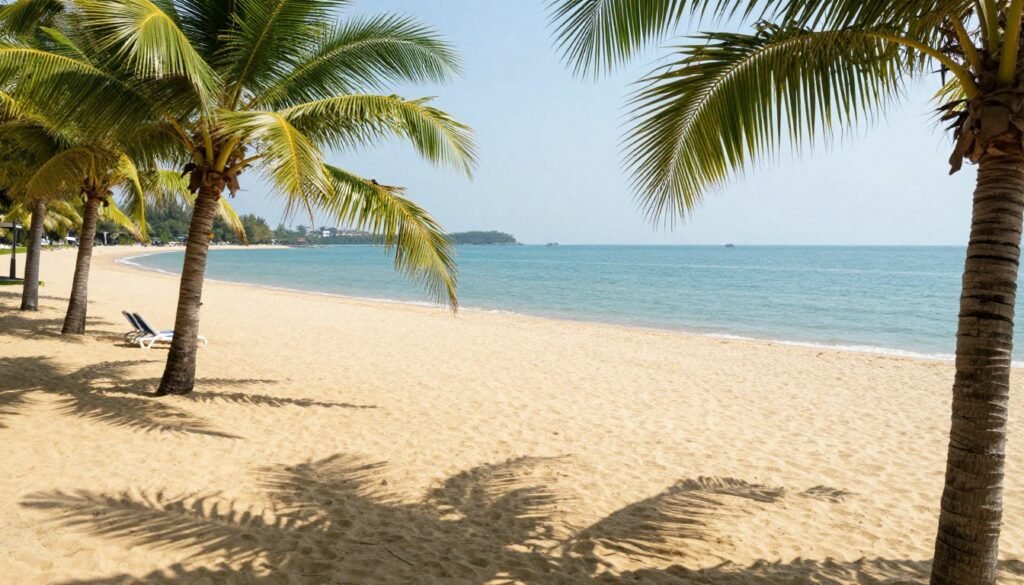 Peaceful Mui Ne beach section with palm trees and turquoise waters