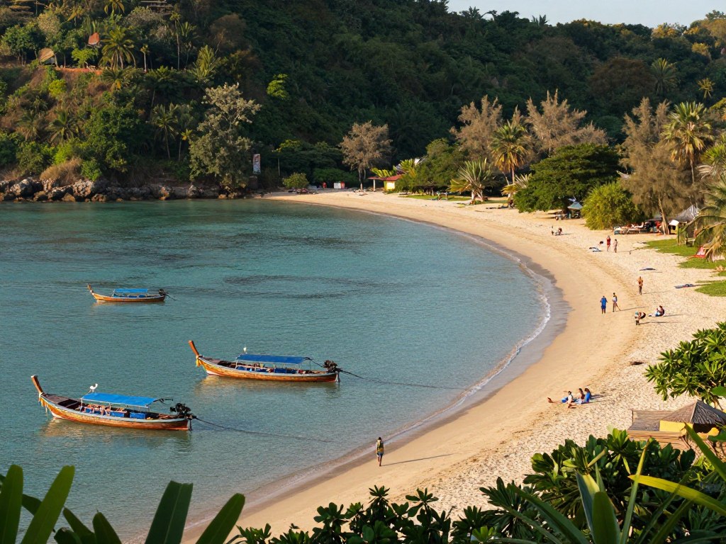 Peaceful Nai Harn Beach with boats and natural surroundings