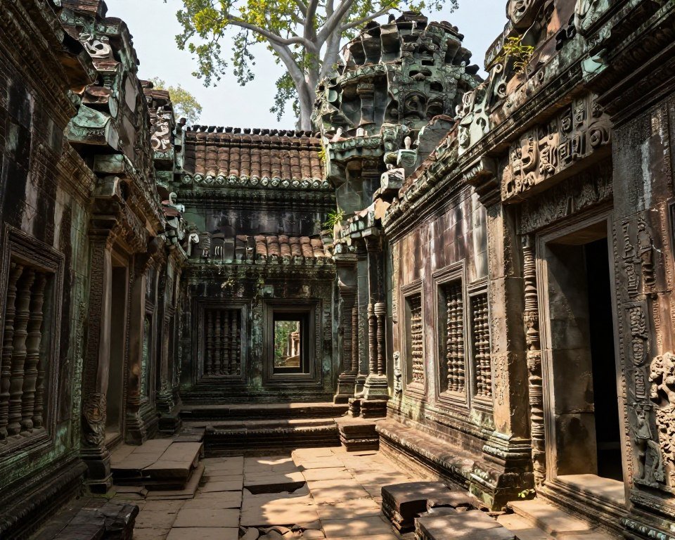 Peaceful Preah Khan temple corridor with trees Peaceful Preah Khan temple corridor with trees