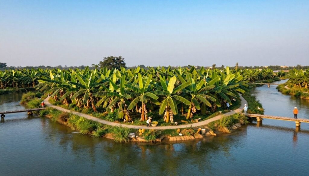 Peaceful Vietnamese river island with banana trees, small bridges, and rural landscape