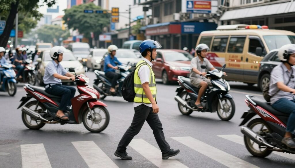 Pedestrian crossing busy Ho Chi Minh City street Pedestrian crossing busy Ho Chi Minh City street
