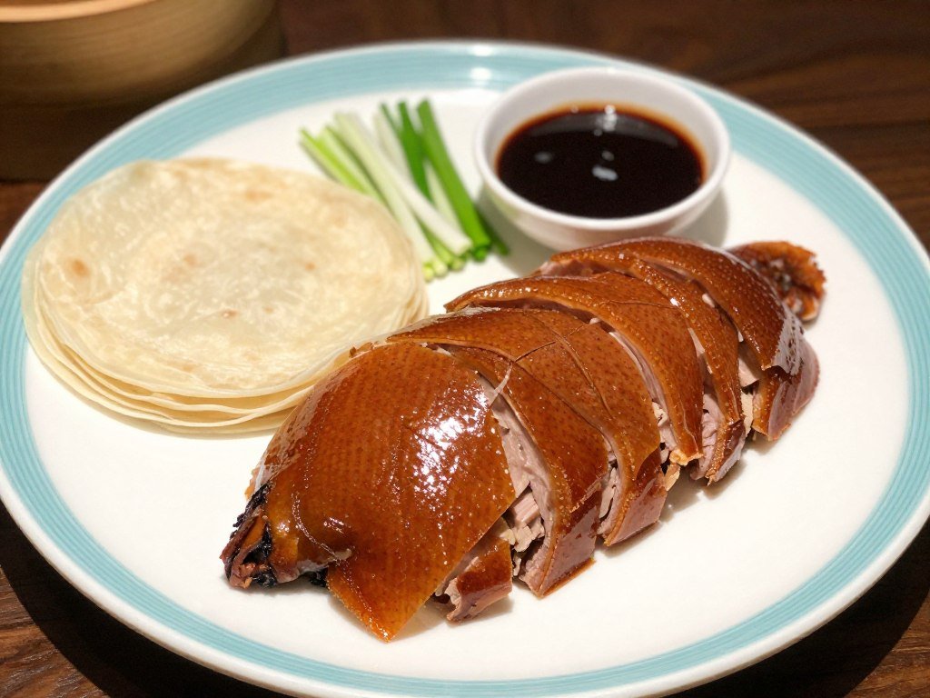 Peking Duck served with pancakes and condiments on traditional plate Peking Duck served with pancakes and condiments on traditional plate