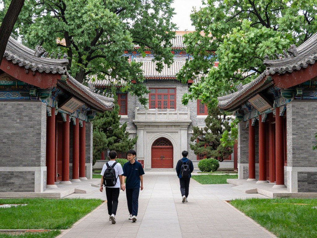 Peking University campus with traditional Chinese architecture and students Peking University campus with traditional Chinese architecture and students