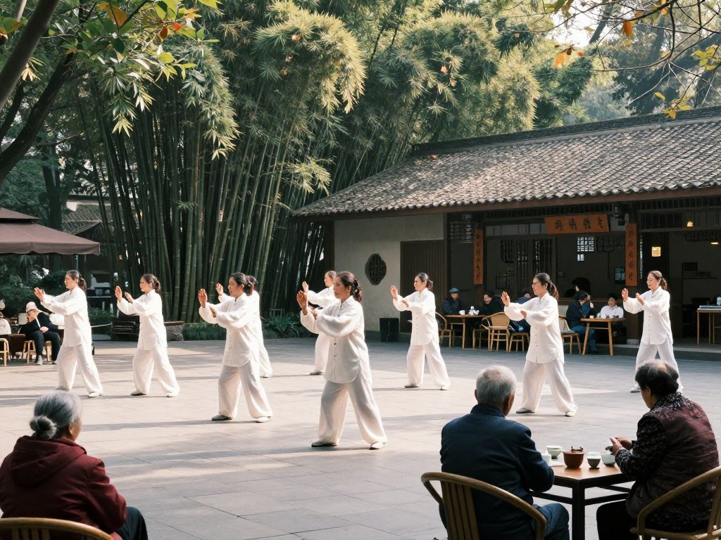 People Park Chengdu with locals practicing tai chi and drinking tea
