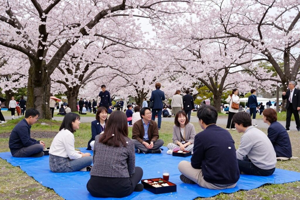 People enjoying hanami picnic under cherry blossom trees in Yoyogi Park Tokyo