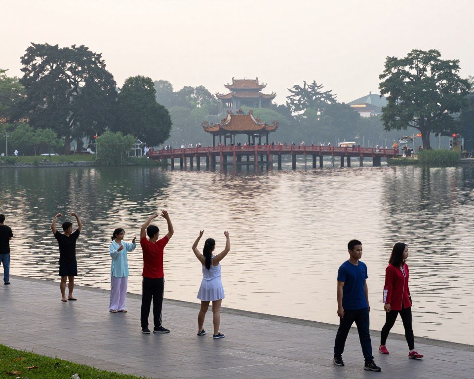 People walking around Hoan Kiem Lake in Hanoi during morning exercise time