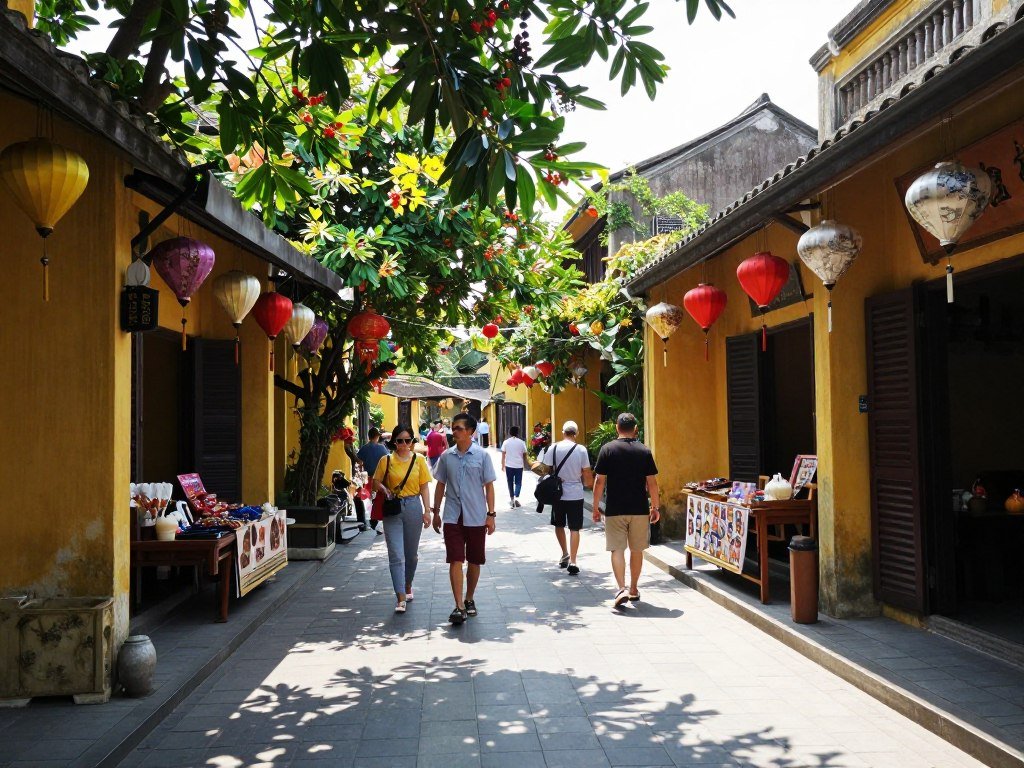 People walking through narrow lane in Hoi An ancient town