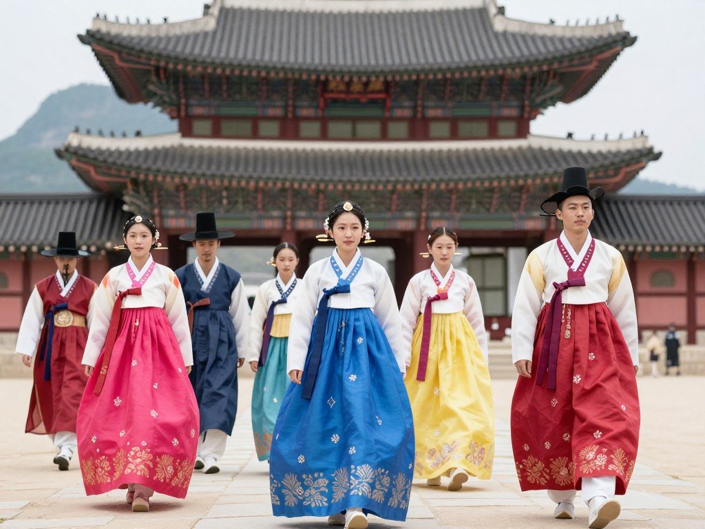 People wearing hanbok at Gyeongbokgung Palace