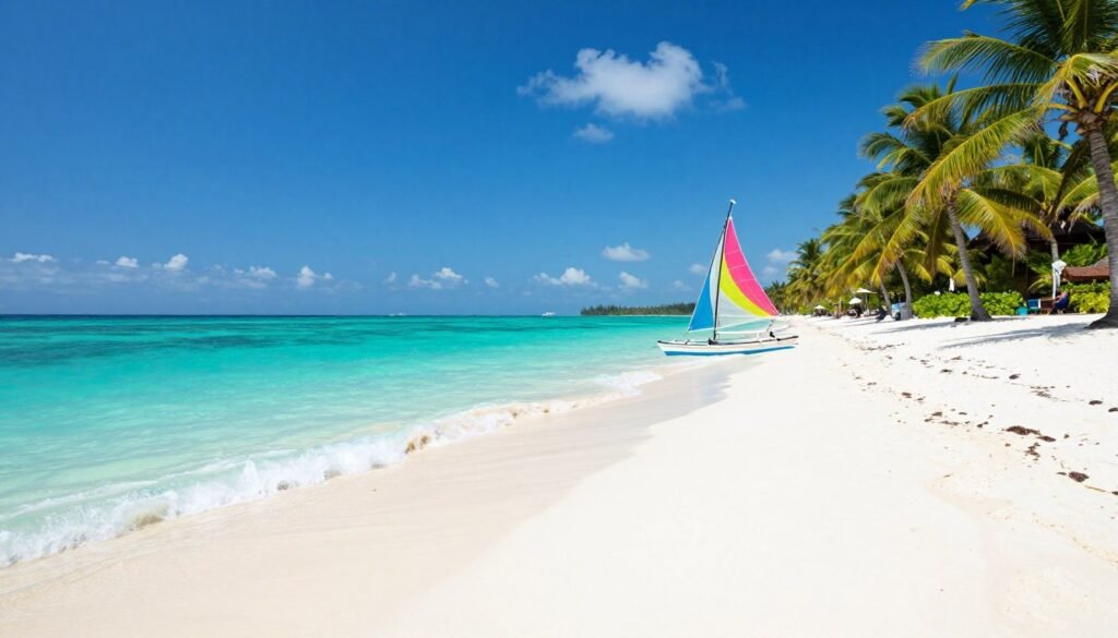 Perfect Boracay beach scene with white sand palm trees and turquoise water
