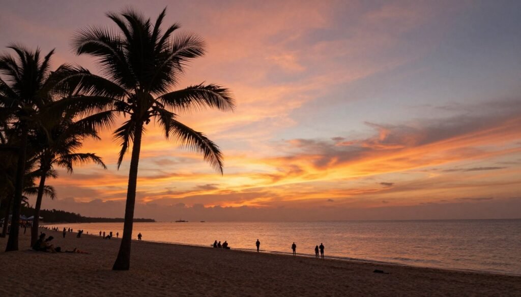 Perfect sunset view over Mui Ne beach with silhouettes