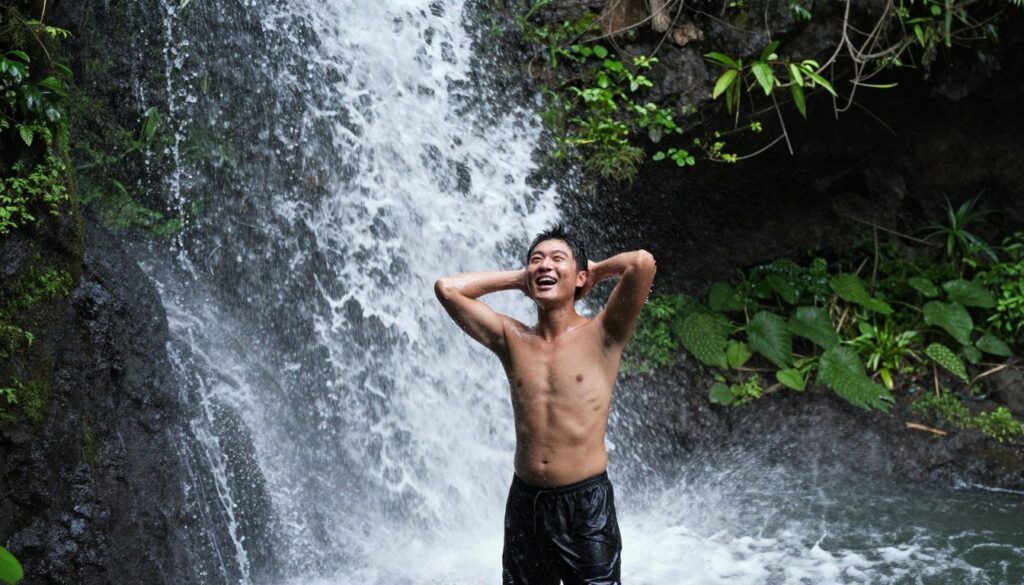 Person standing under Kanto Lampo waterfall cascade