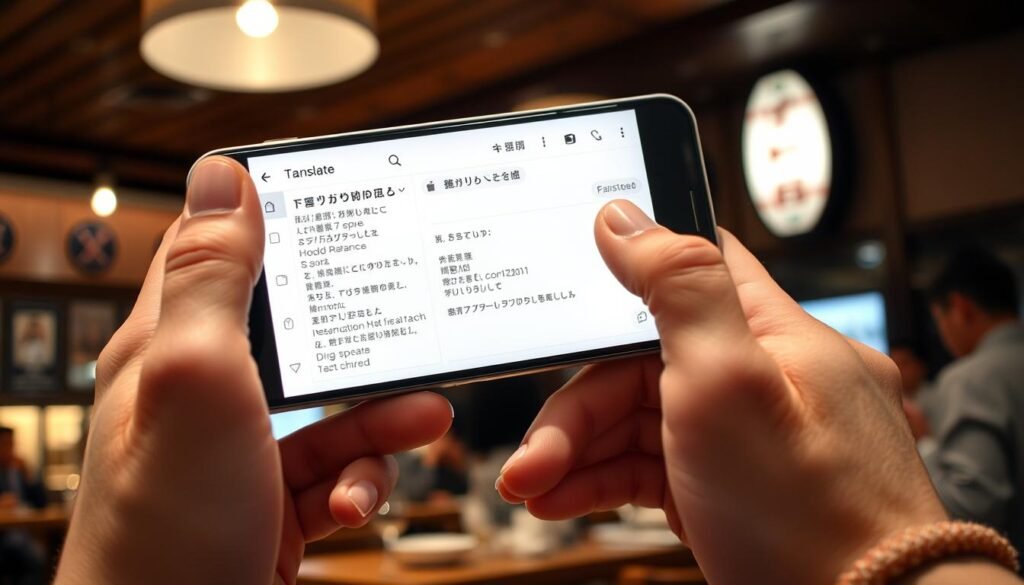 Person using Google Translate app to read a Japanese menu in a restaurant