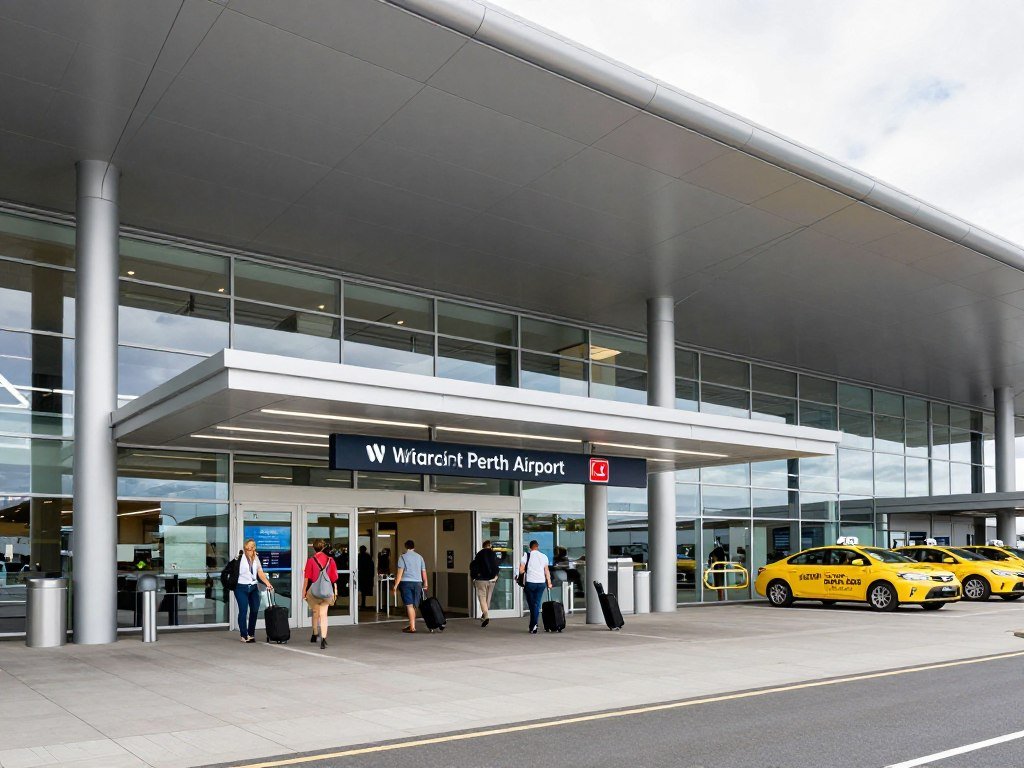 Perth Airport international terminal exterior with travelers entering