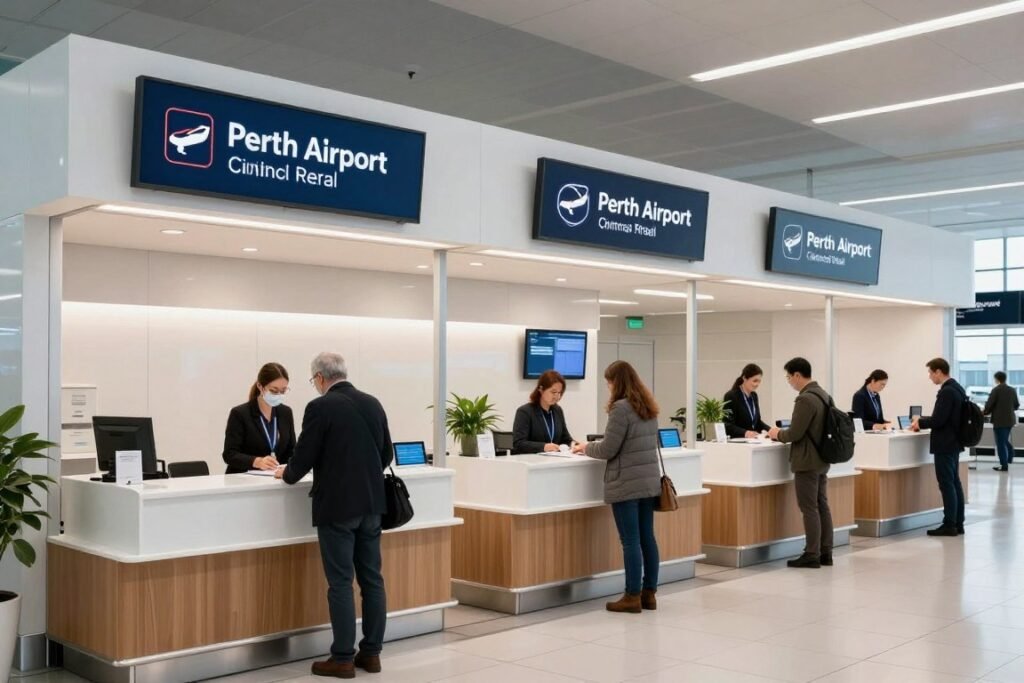 Perth Airport rental car facility with multiple company counters
