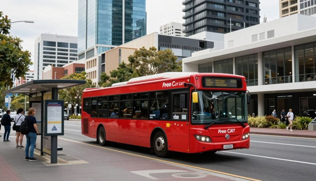 Perth CAT bus in city centre with modern buildings in background