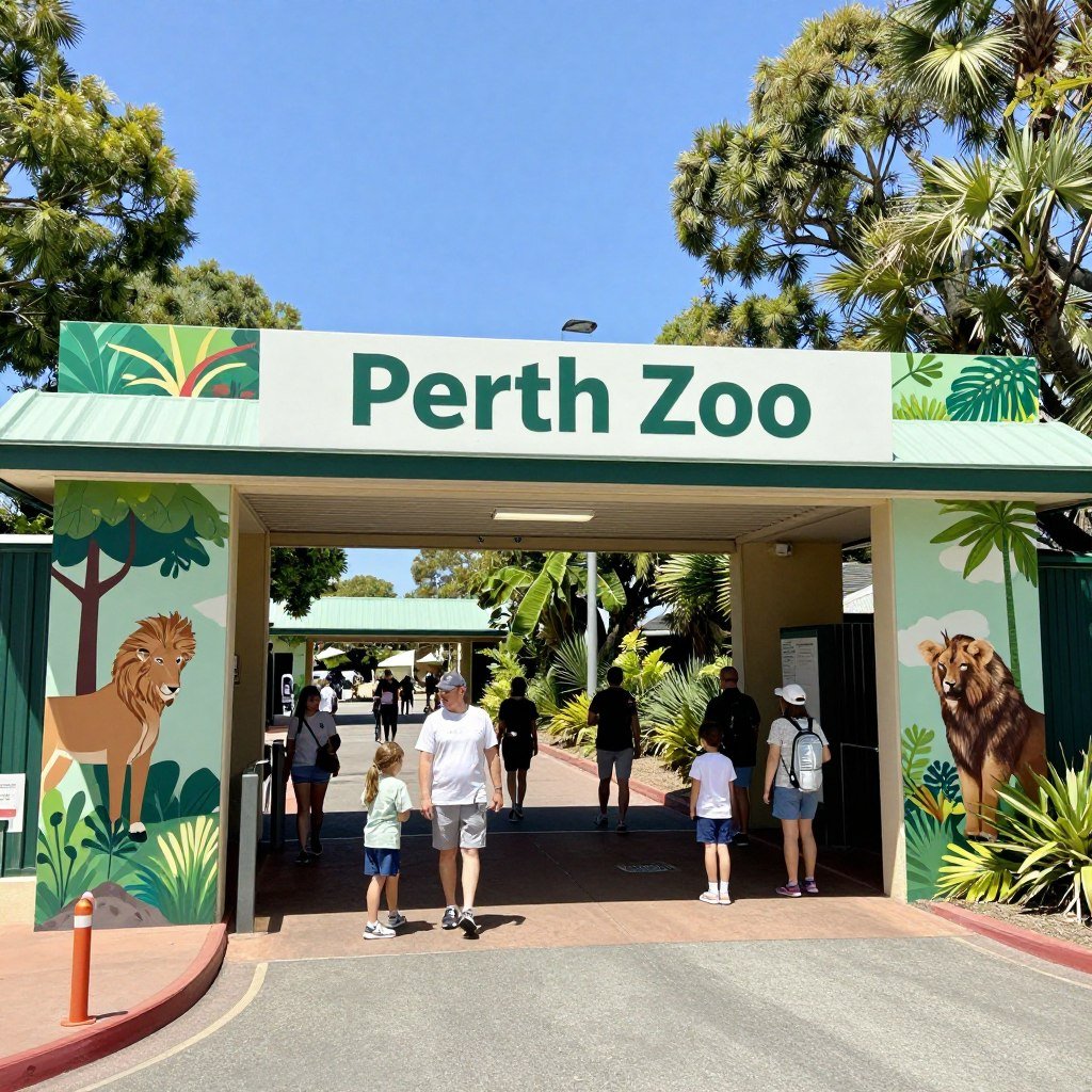 Perth Zoo entrance with visitors and native Australian animals signage