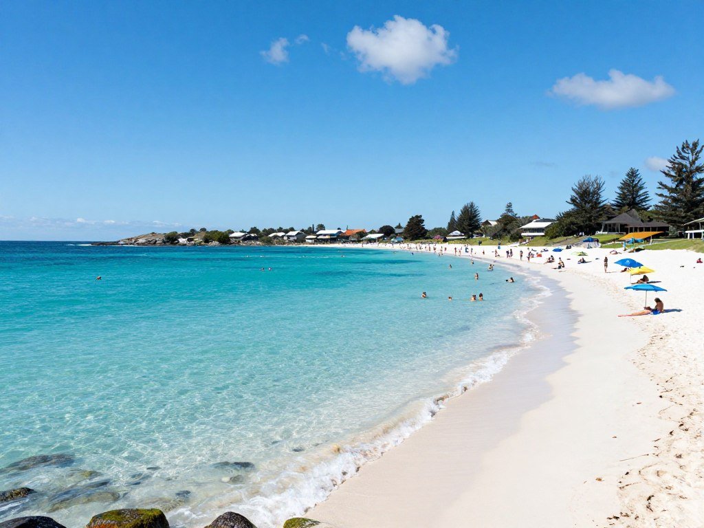 Perth beach scene during Australian summer with clear blue sky and people enjoying water activities