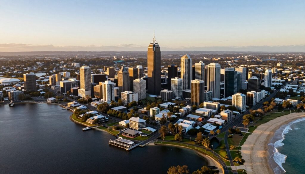 Perth city aerial view showing contrast between city, river and coast