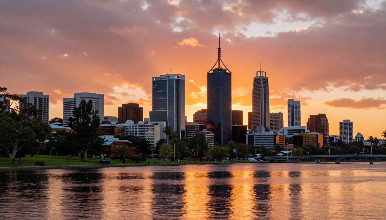 Perth city skyline at sunset over Swan River with modern buildings reflecting in calm waters