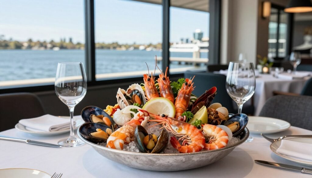 Perth restaurant waterfront dining with fresh seafood platter displayed