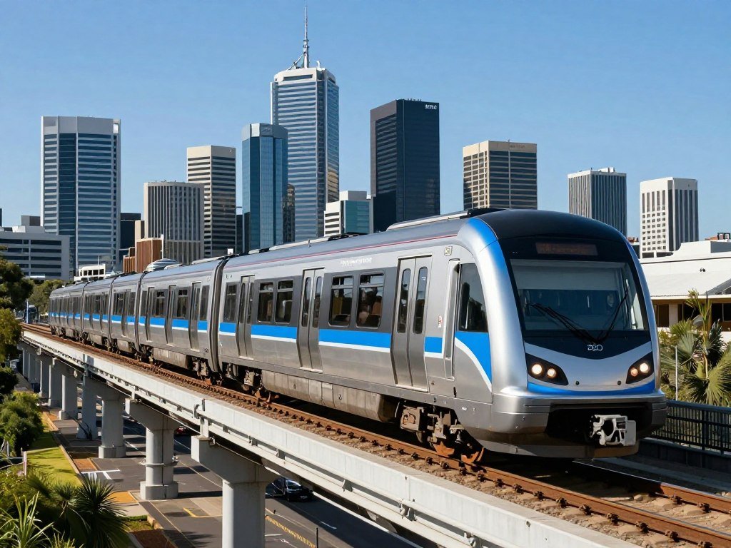 Perth train on elevated track with city skyline in background
