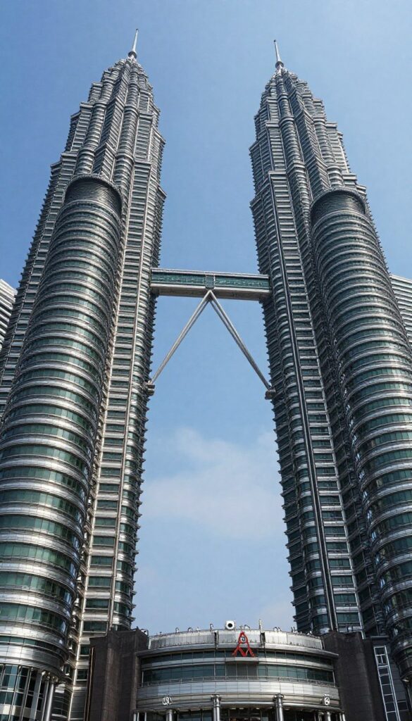 Petronas Twin Towers close-up view from ground level in Kuala Lumpur