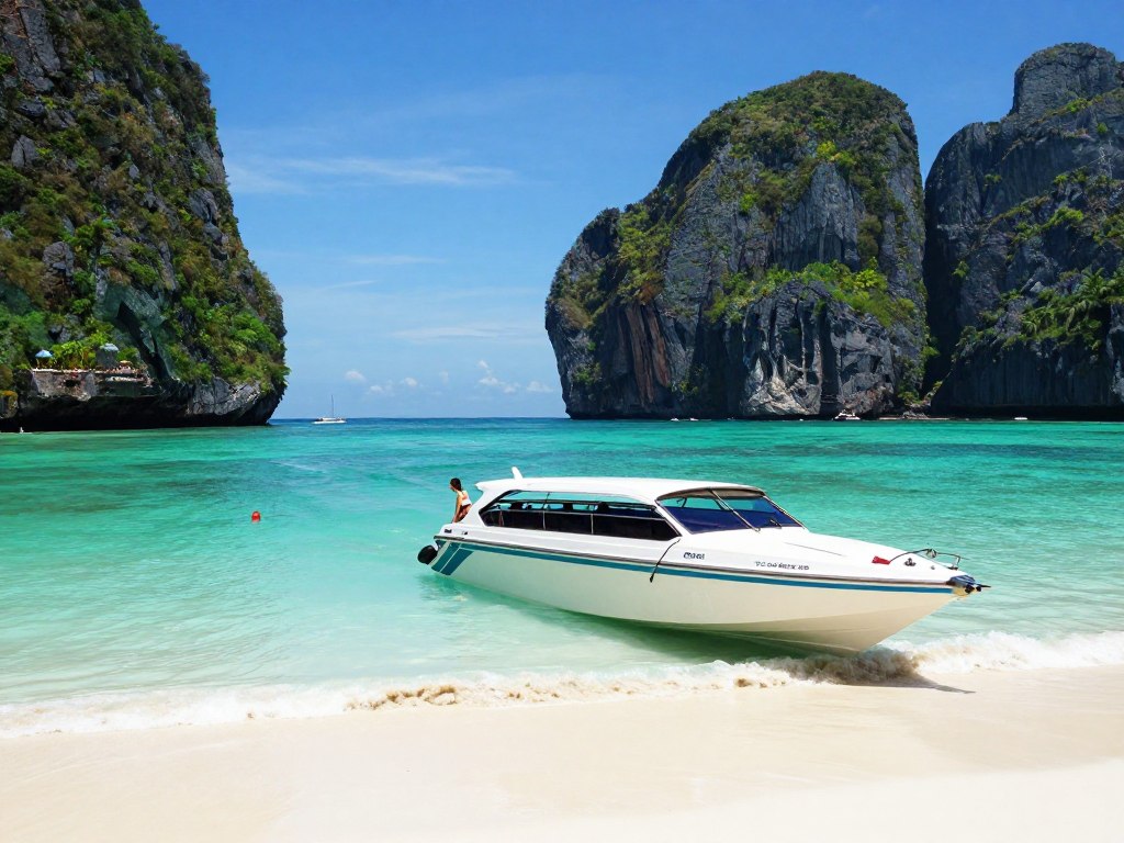 Phi Phi Islands Maya Bay with speedboat and tourists