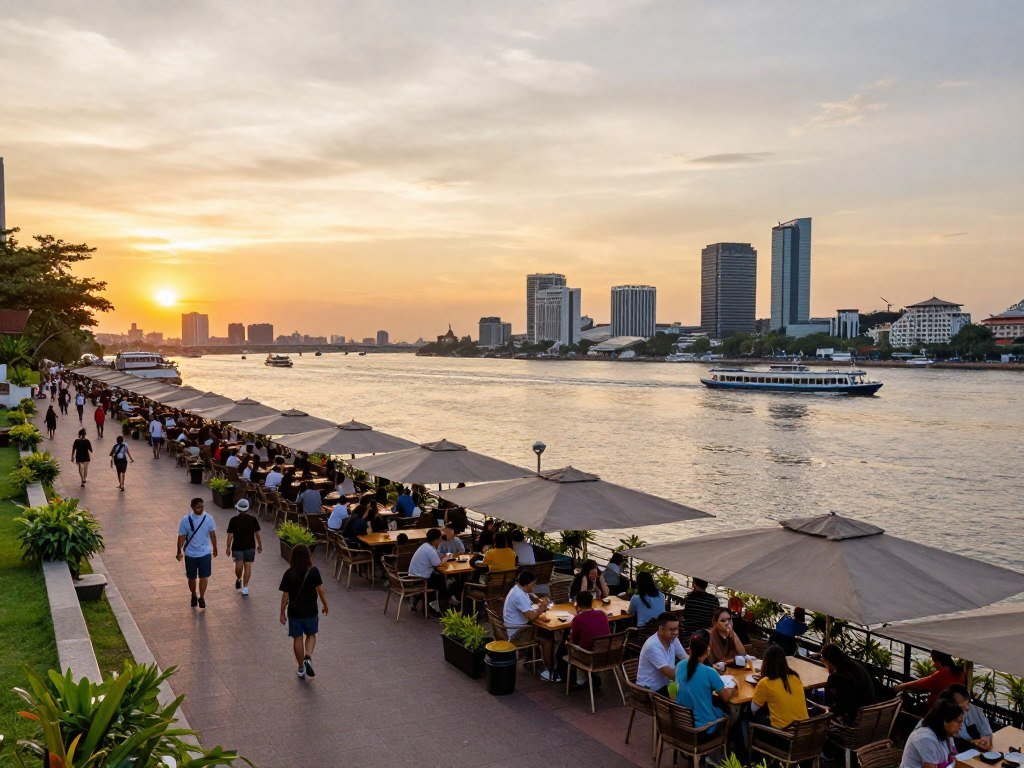 Phnom Penh riverside at sunset with restaurants