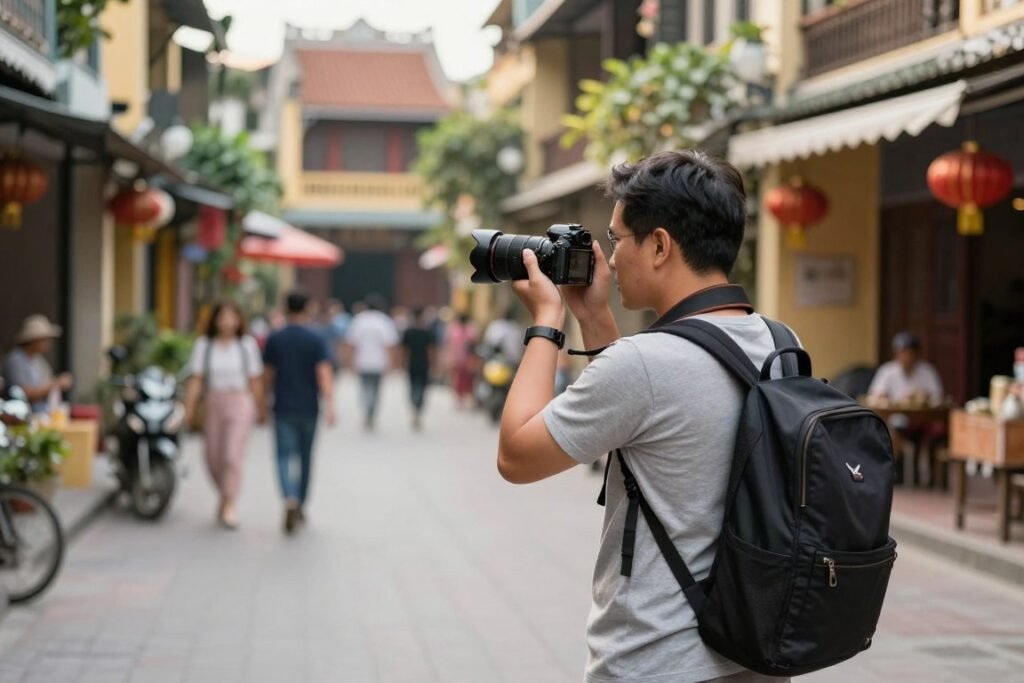 Photographer capturing street scenes in Hanoi old quarter with traditional Vietnamese life