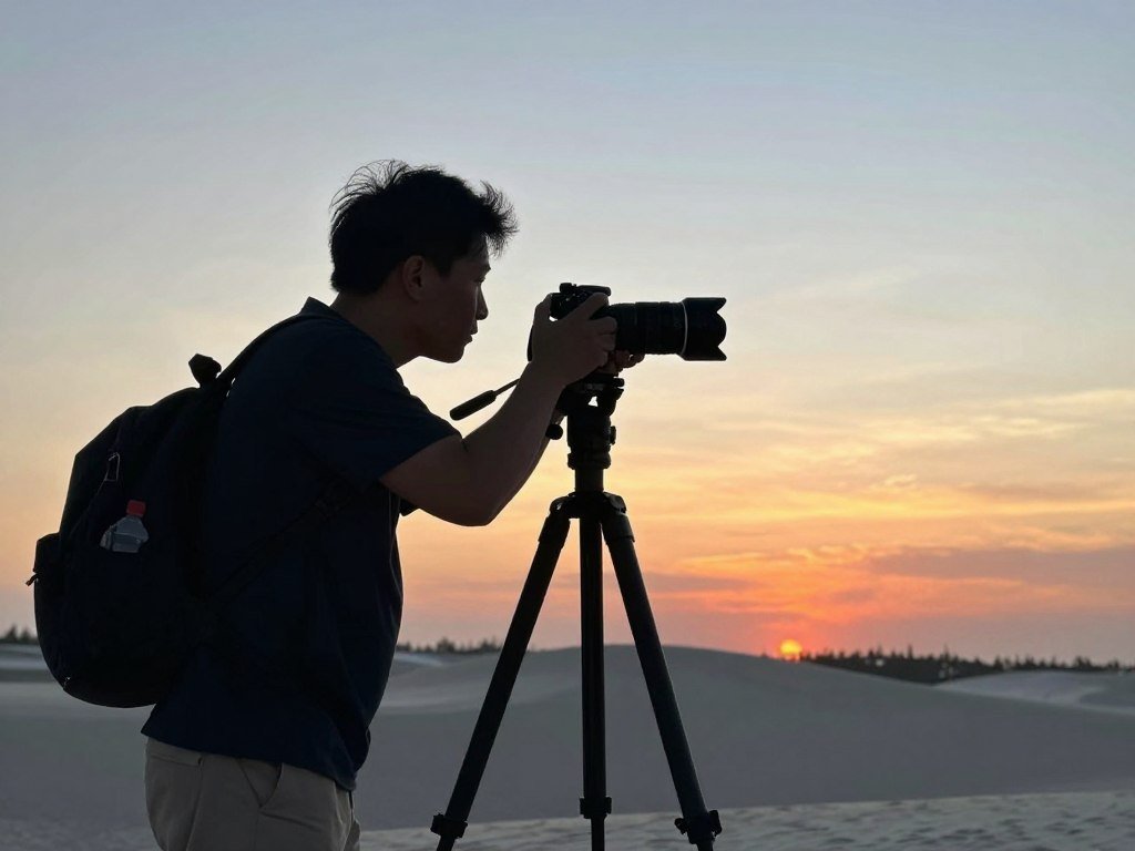 Photographer capturing sunrise at Mui Ne white sand dunes