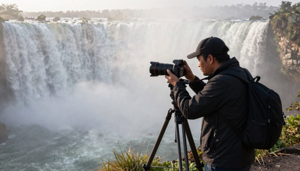 Photographer capturing waterfall with professional equipment