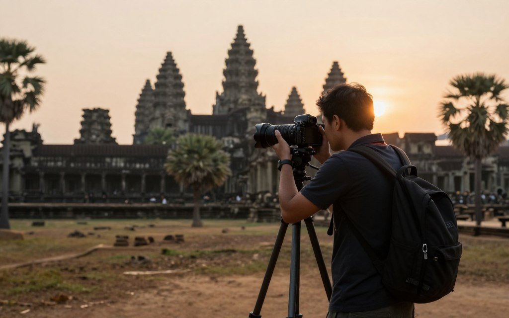 Photographer with camera capturing sunrise at Angkor Wat Photographer with camera capturing sunrise at Angkor Wat