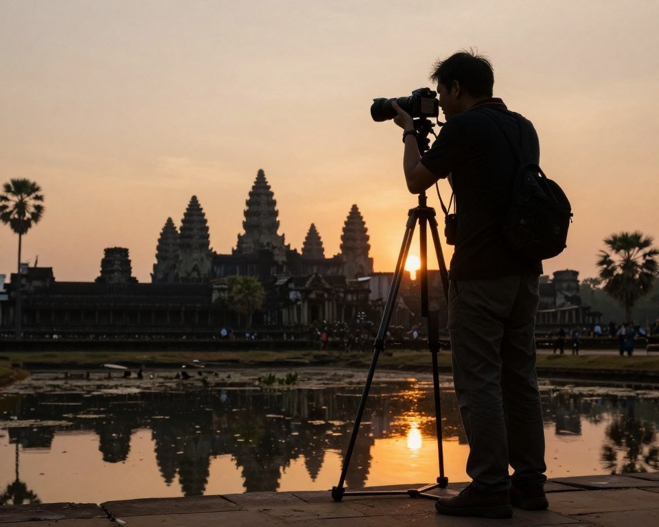 Photographer with tripod capturing Angkor Wat sunrise