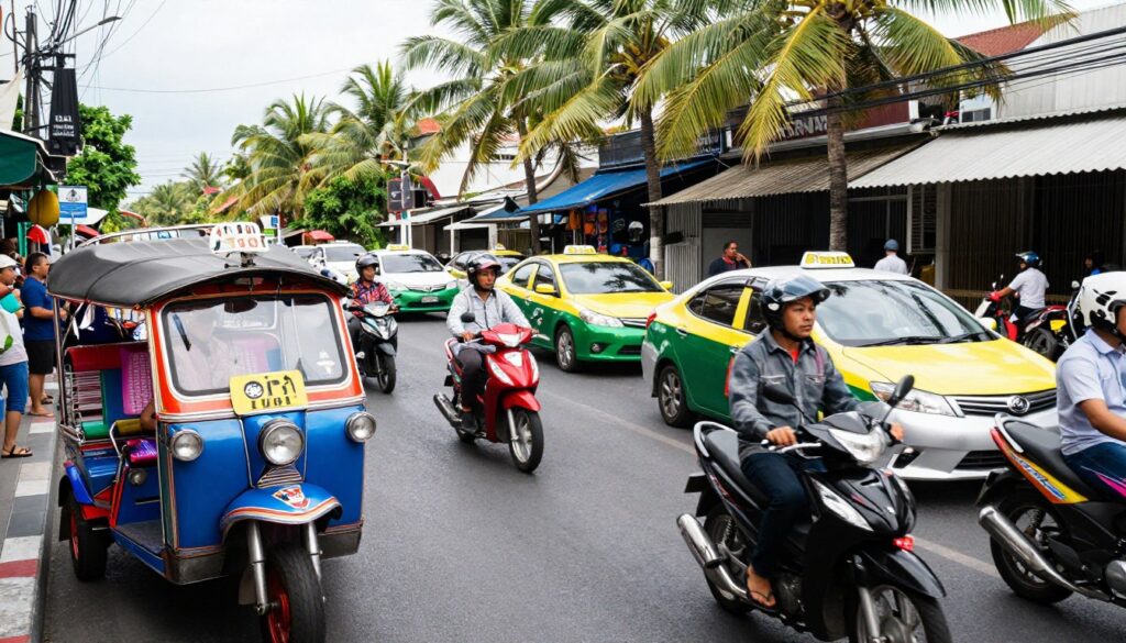 Phuket roads with scooters, taxis and tuk-tuks in traffic