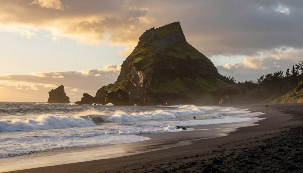 Piha Beach with Lion Rock and black sand