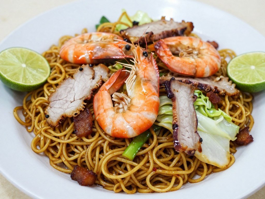 Plate of Hokkien mee with thick noodles, prawns and pork in dark soy sauce from Kuala Lumpur