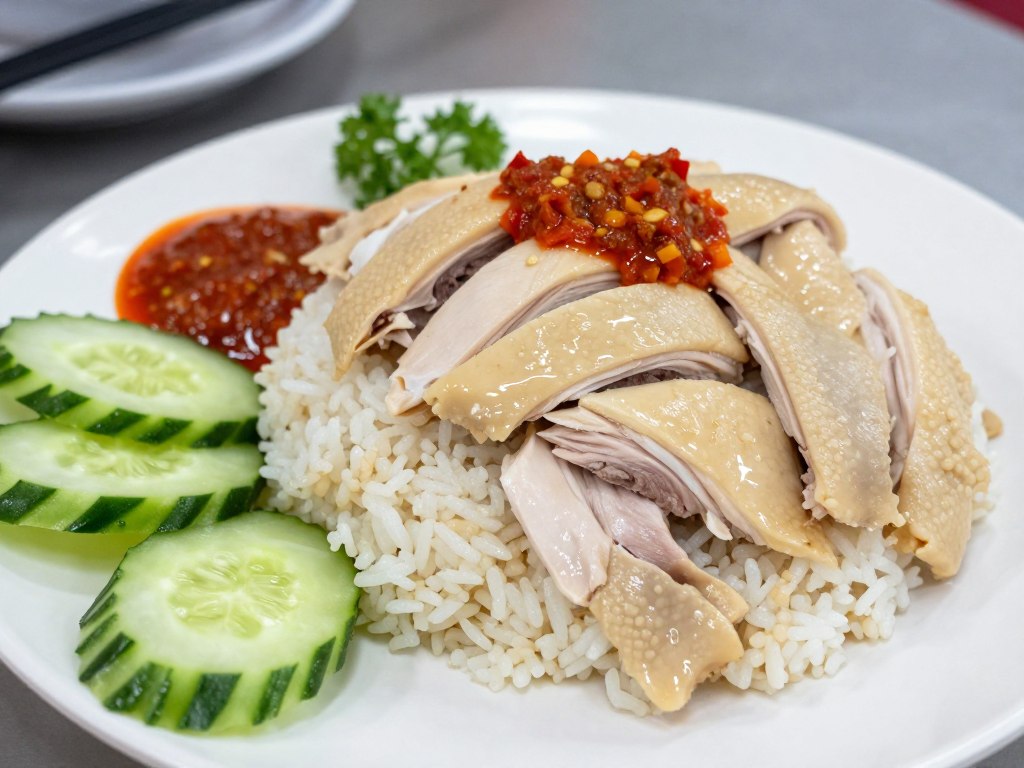 Plate of Malacca chicken rice balls with poached chicken and condiments
