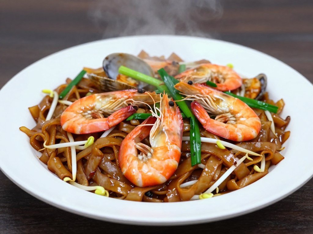 Plate of char kway teow with flat rice noodles, prawns, cockles and bean sprouts representing street food kuala lumpur