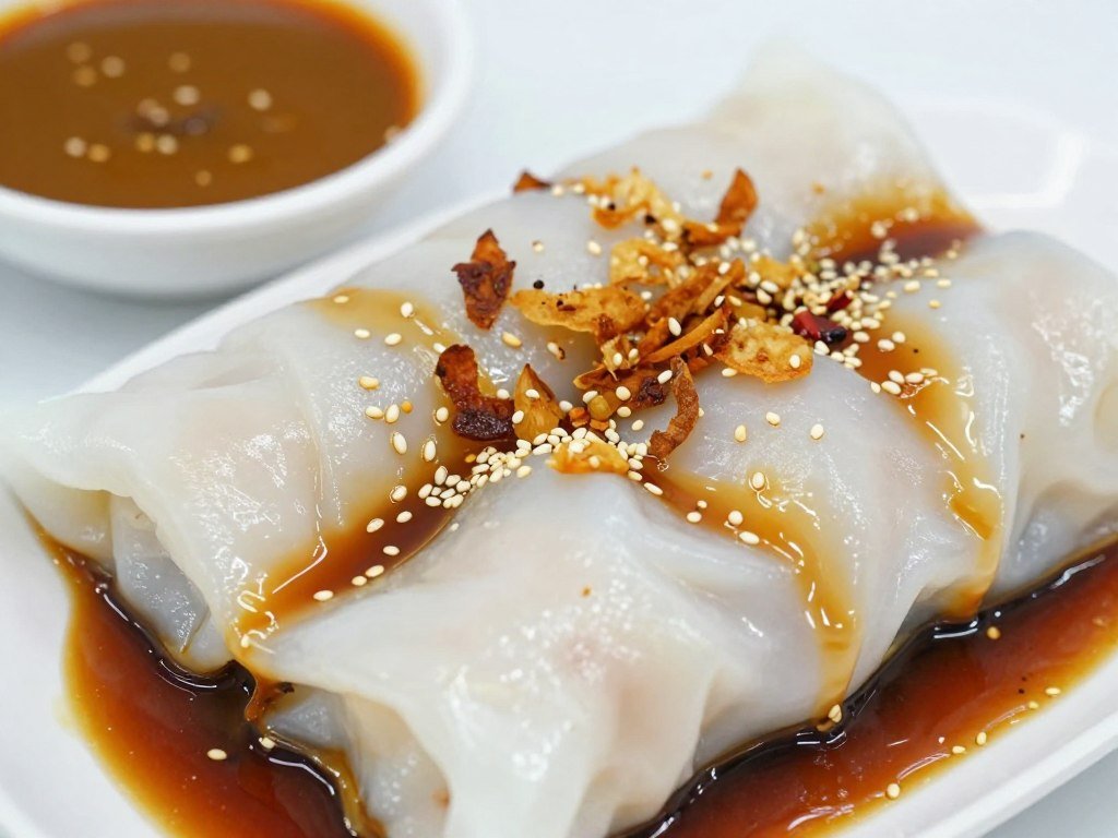 Plate of chee cheong fun rice noodle rolls with sweet sauce and sesame seeds showing Kuala Lumpur street food
