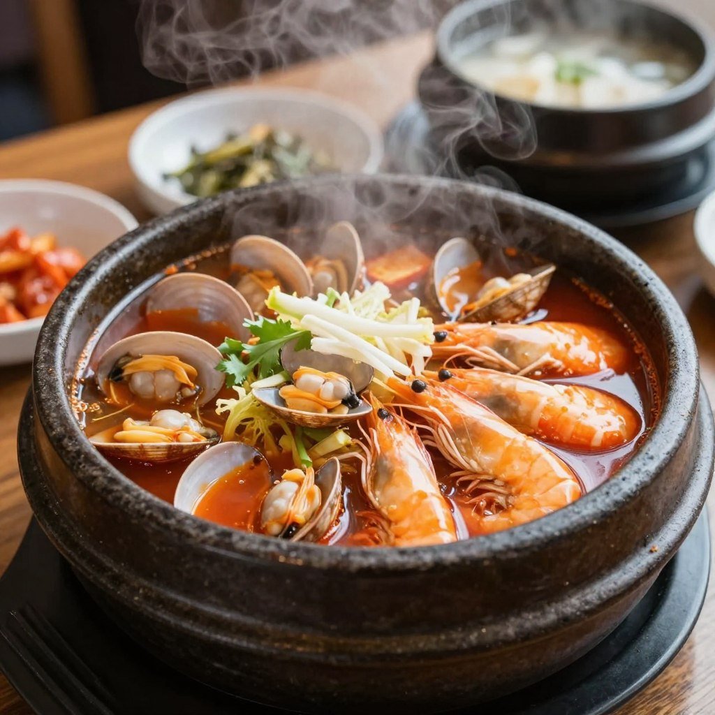 Plate of haemul-ttukbaegi seafood hot pot bubbling