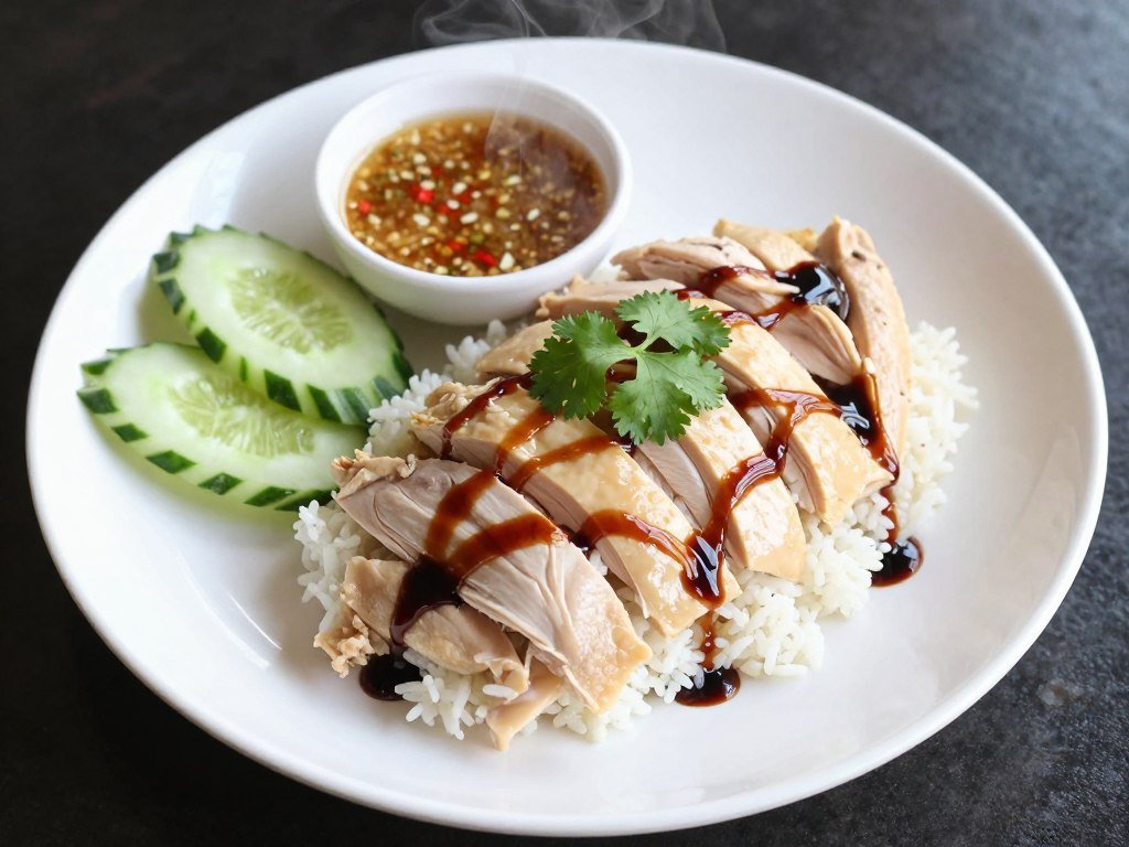 Plate of khao man gai chicken rice with poached chicken, fragrant rice and dark sauce showing Bangkok street food