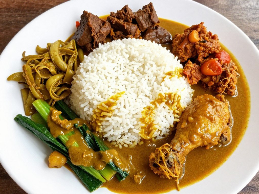 Plate of nasi kandar with rice and multiple curry dishes showing Penang style food in Kuala Lumpur