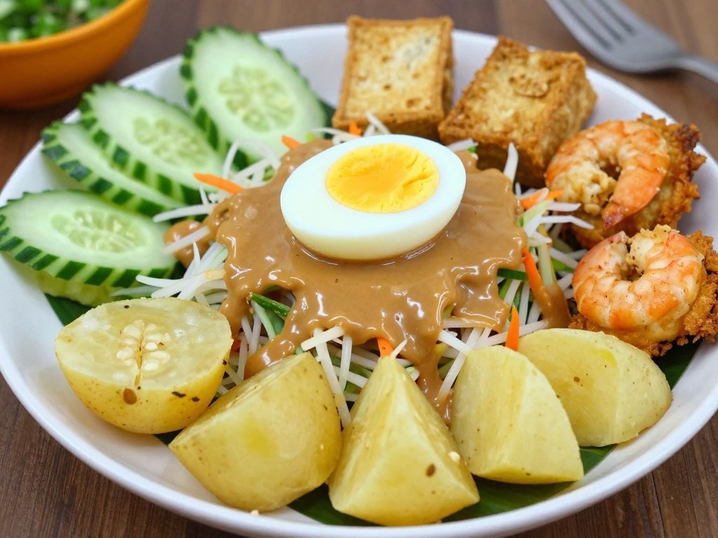 Plate of pasembur with vegetables, fritters and peanut sauce showing Indian Malaysian street food