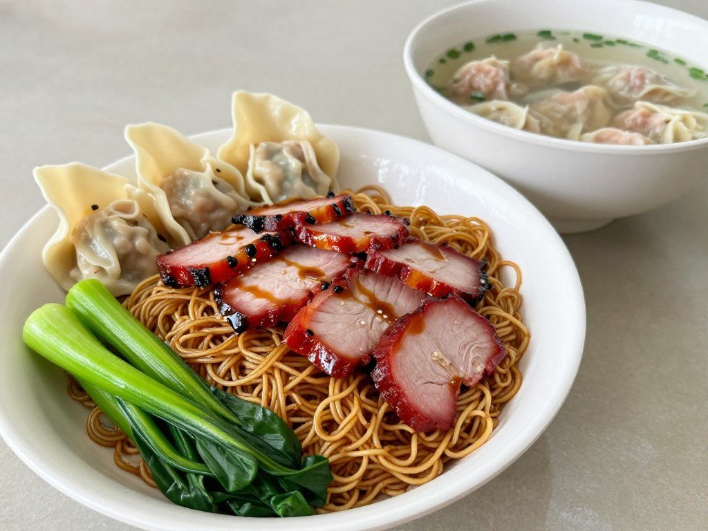 Plate of wan tan mee with springy egg noodles, char siew and wontons showing food kuala lumpur