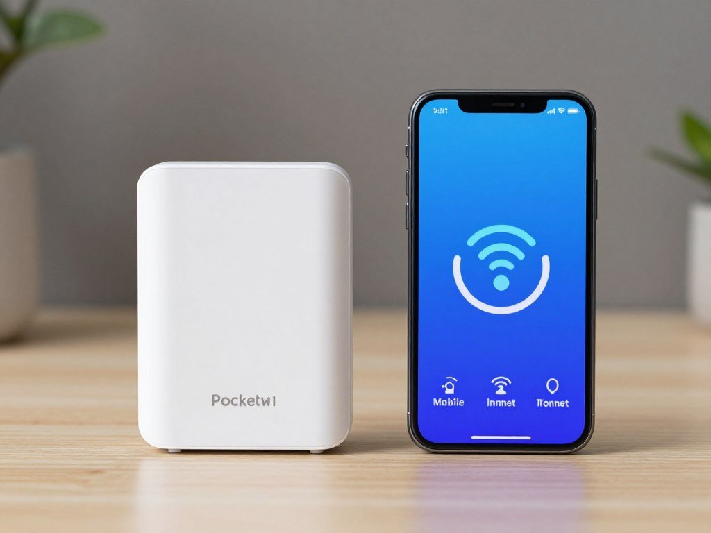 Pocket WiFi device with phone showing connection