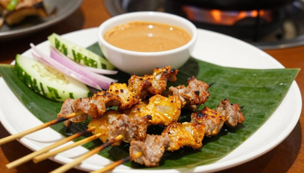 Pork satay skewers with peanut sauce and cucumber relish showing Thai street food grilled meat