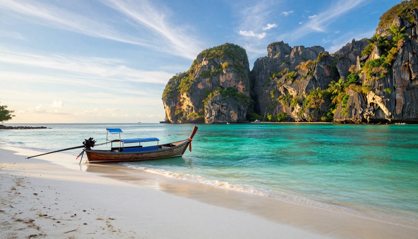 Pristine beach in Southeast Asia with crystal clear turquoise water, white sand, traditional longtail boat, and limestone cliffs