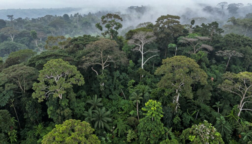 Pristine primary rainforest canopy view at Danum Valley with morning mist