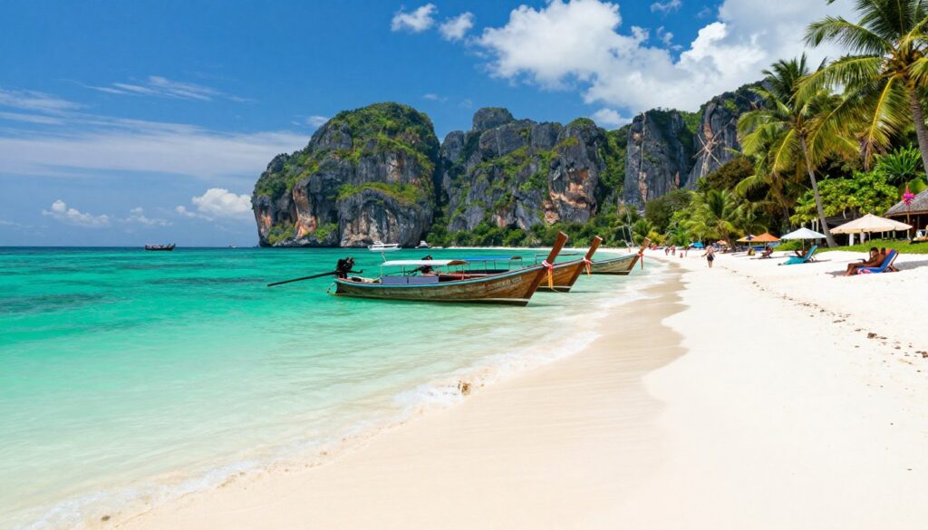 Pristine white sand beach in Phuket with clear turquoise water and longtail boats