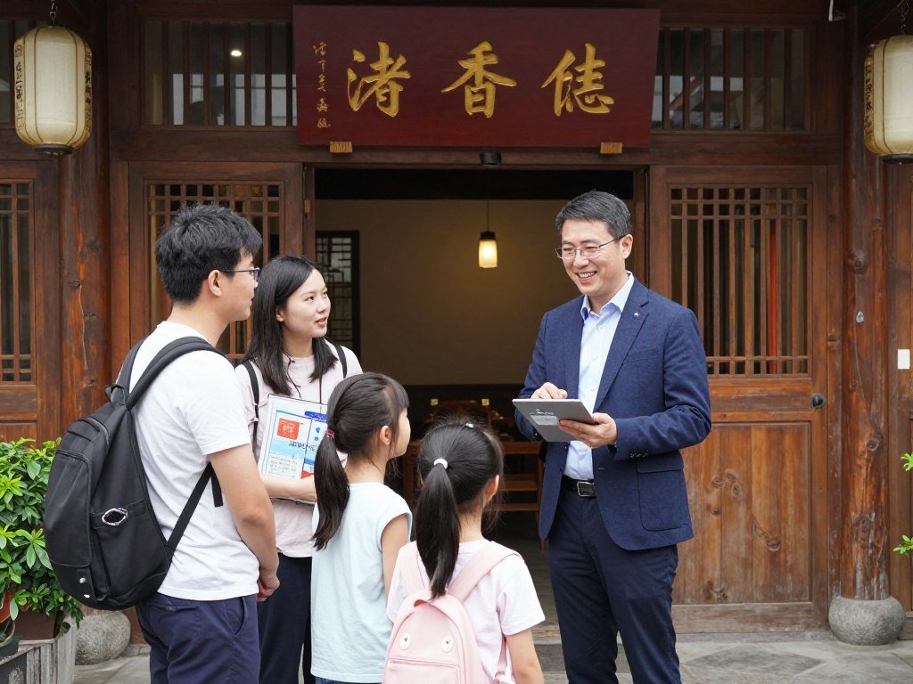 Private tour guide with family at Jiufen teahouse entrance